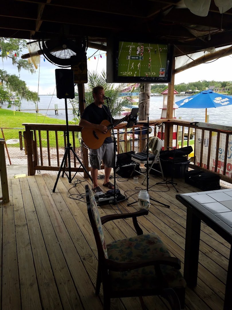 Outdoor tables beside the water.