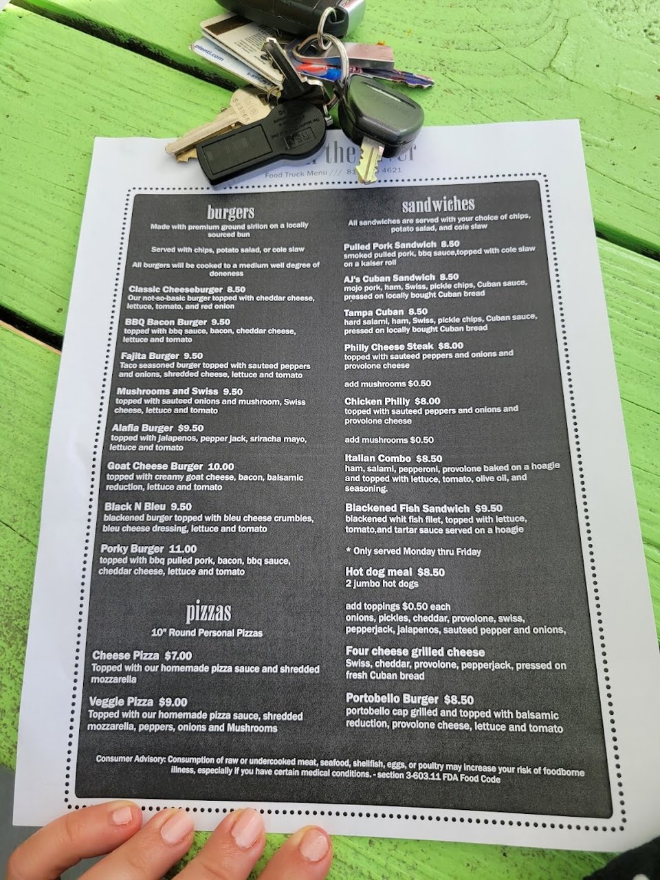 Food menu showing pub-style dishes.